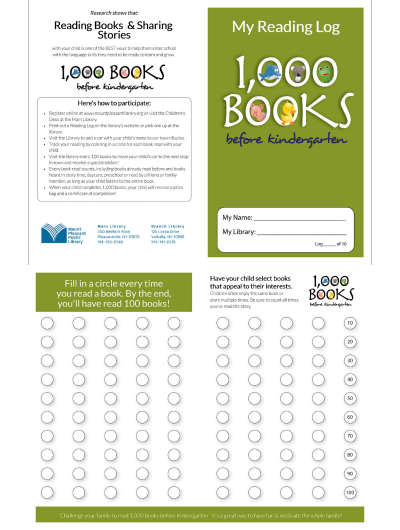 Image of the 1,000 Books before Kindergarten booklet with a fun graphic on the front and instructions on the back.