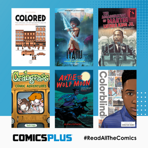 Comics Plus promotional graphic with book covers of Black History and Stories featuring Black Voices