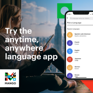 Promotional Mango Languages image with slogan Try the anytime, anywhere language app