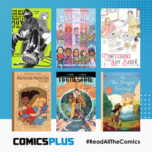 Comics Plus promotional graphic with book covers of LGBTQ+ comics and graphic novels