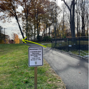 Photo of the sign for Nannahagan Park with an arrow indicating the start of the Storywalk